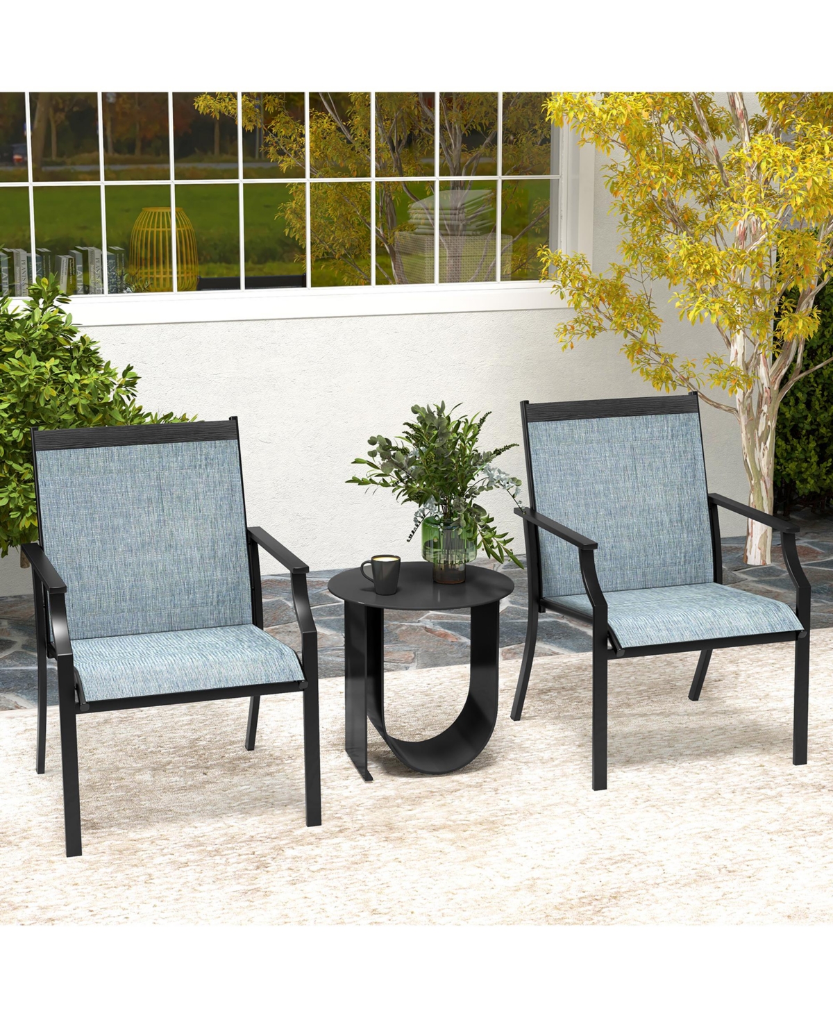 Gymax Set of 2 Patio Dining Chairs Outdoor Armchairs w/ Sturdy Metal Frame Blue - Blue+black
