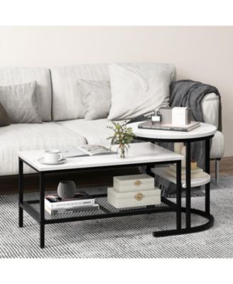Set of 2 Nesting Table with Extra Storage Shelf for Living Room