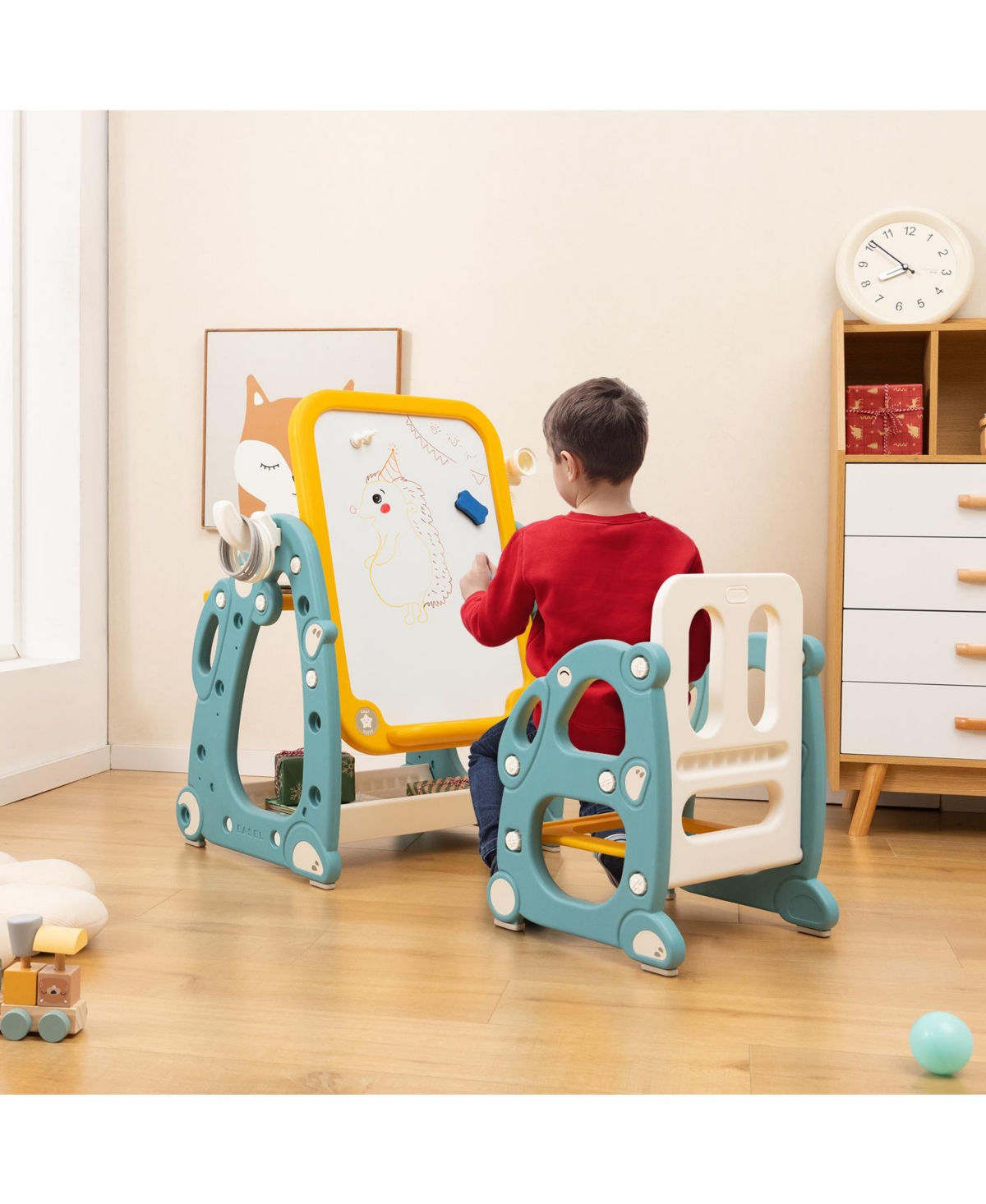 Gouun Kids Art Easel with Chair and 3-Level Adjustable Whiteboard