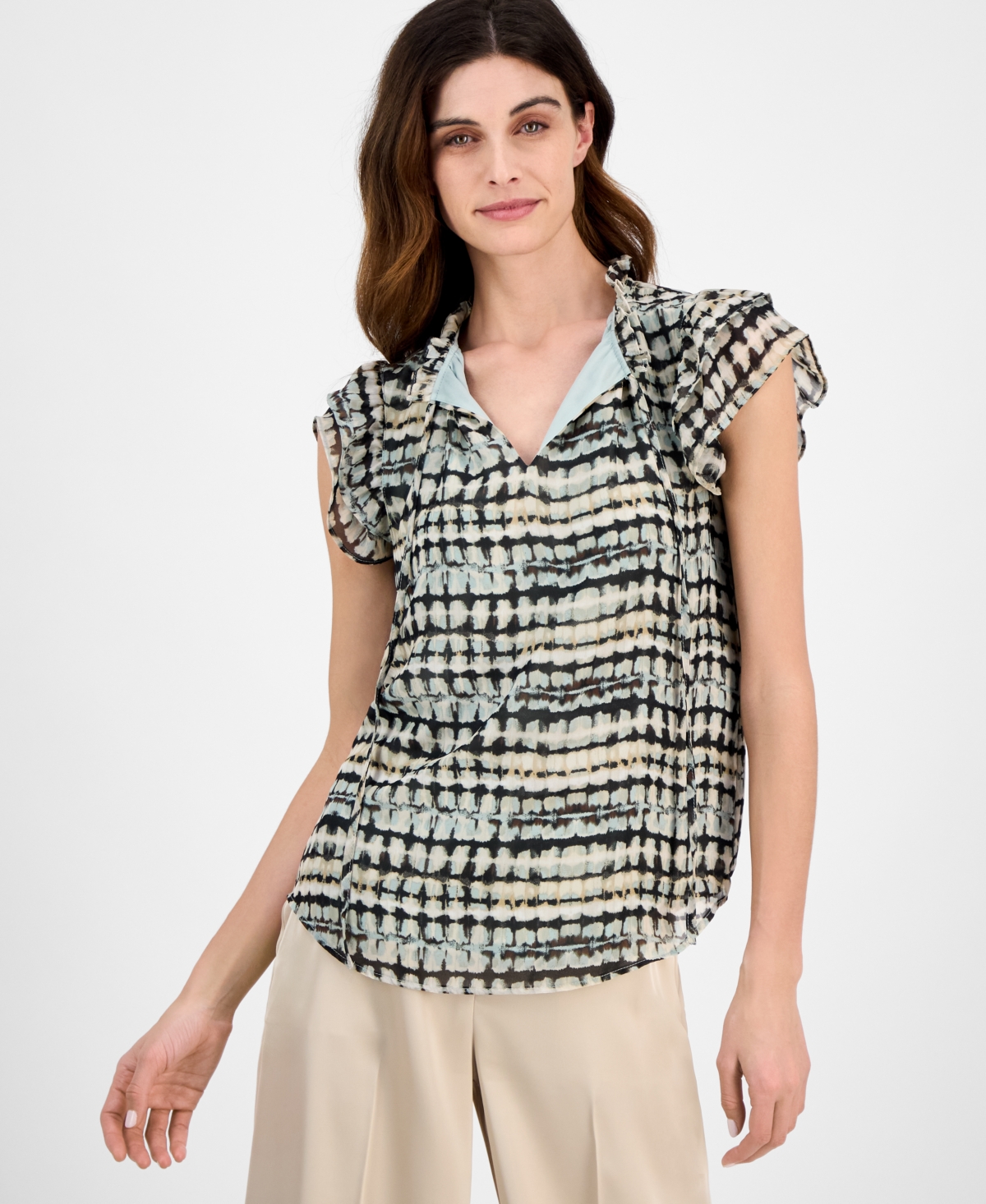 Anne Klein Women's Abstract-print Split-neck Flutter-sleeve Top In Anne Black Mult