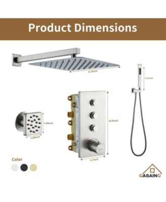 Wall Mount Thermostatic Shower System with 3 Functions and Body Jets