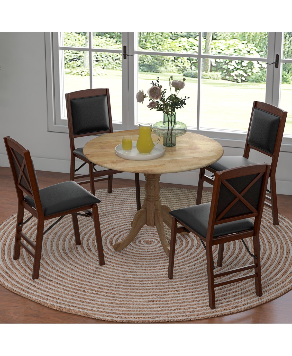 Gouun Wooden Dining Table with Round Tabletop and Curved Trestle Legs