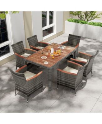 7 Pieces Patio Acacia Wood Cushioned PE Rattan Wicker Dining Set