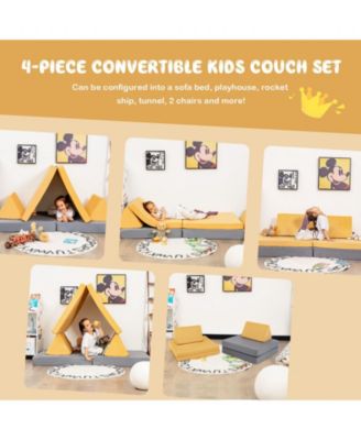 4 Pieces Convertible Kids Couch Set with 2 Folding Mats