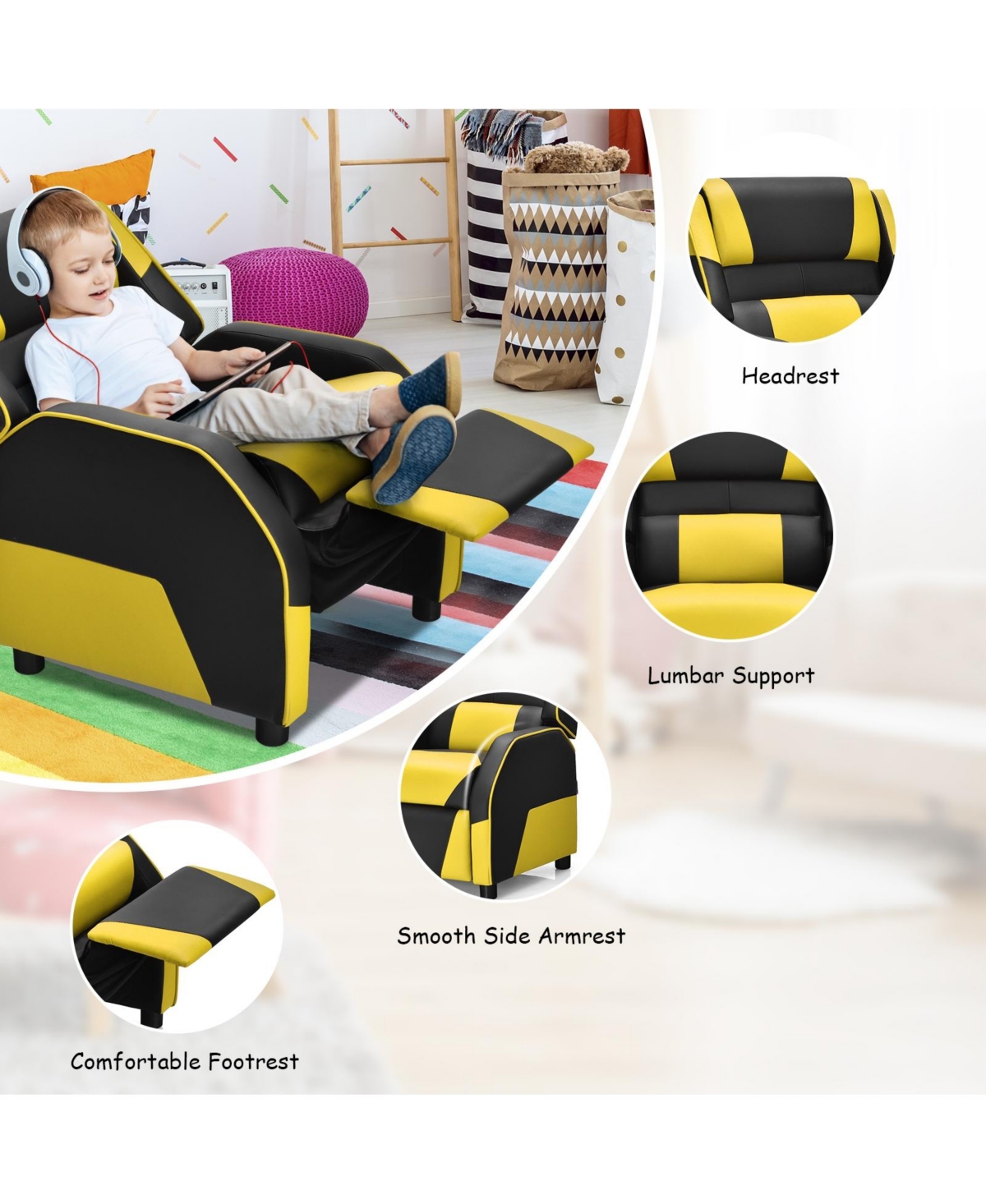 Gouun Kids Youth Pu Leather Gaming Sofa Recliner with Headrest and Footrest