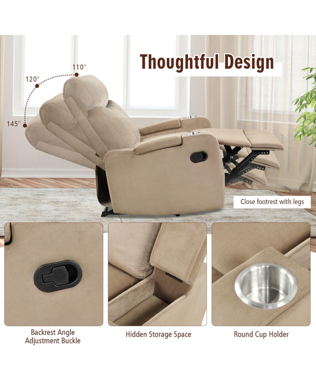 Gouun Recliner Chair Single Sofa Lounger with Arm Storage and Cup Holder for Living Room
