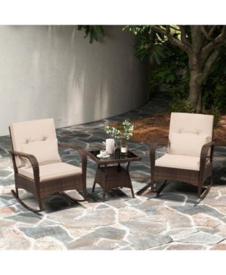 3 Piece Outdoor Rocking Set with Tempered Glass Table for Backyard Poolside