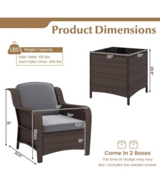 3 Pieces Outdoor Rattan Furniture Set with Cushions and Tempered Glass Table