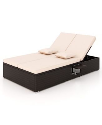 Patio Double Chaise Lounge with Cushions and Folding Side Trays