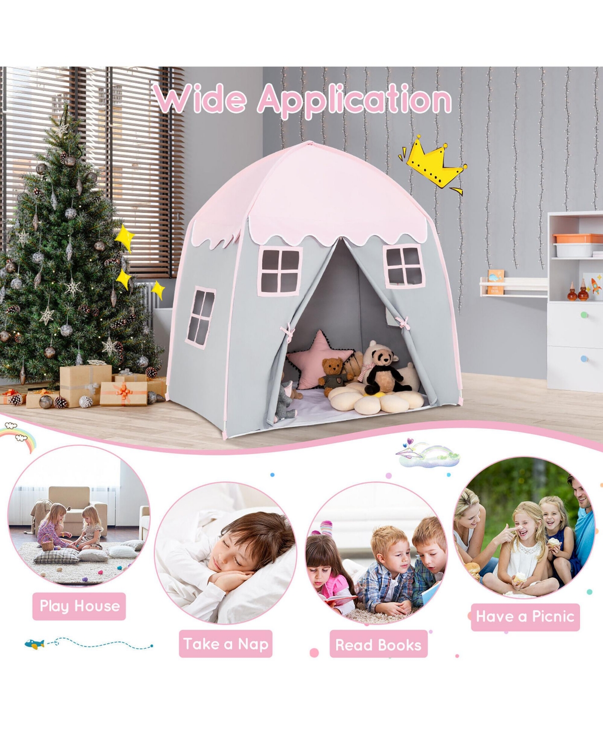 Gymax Kids Play Tent Girls Boys Princess Castle Portable Indoor Outdoor Playhouse - Pink+grey