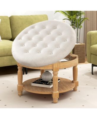 29 Inch Large Round Ottoman Table 2-Tier Upholstered Tufted Footrest Ottoman with Flip-up Top