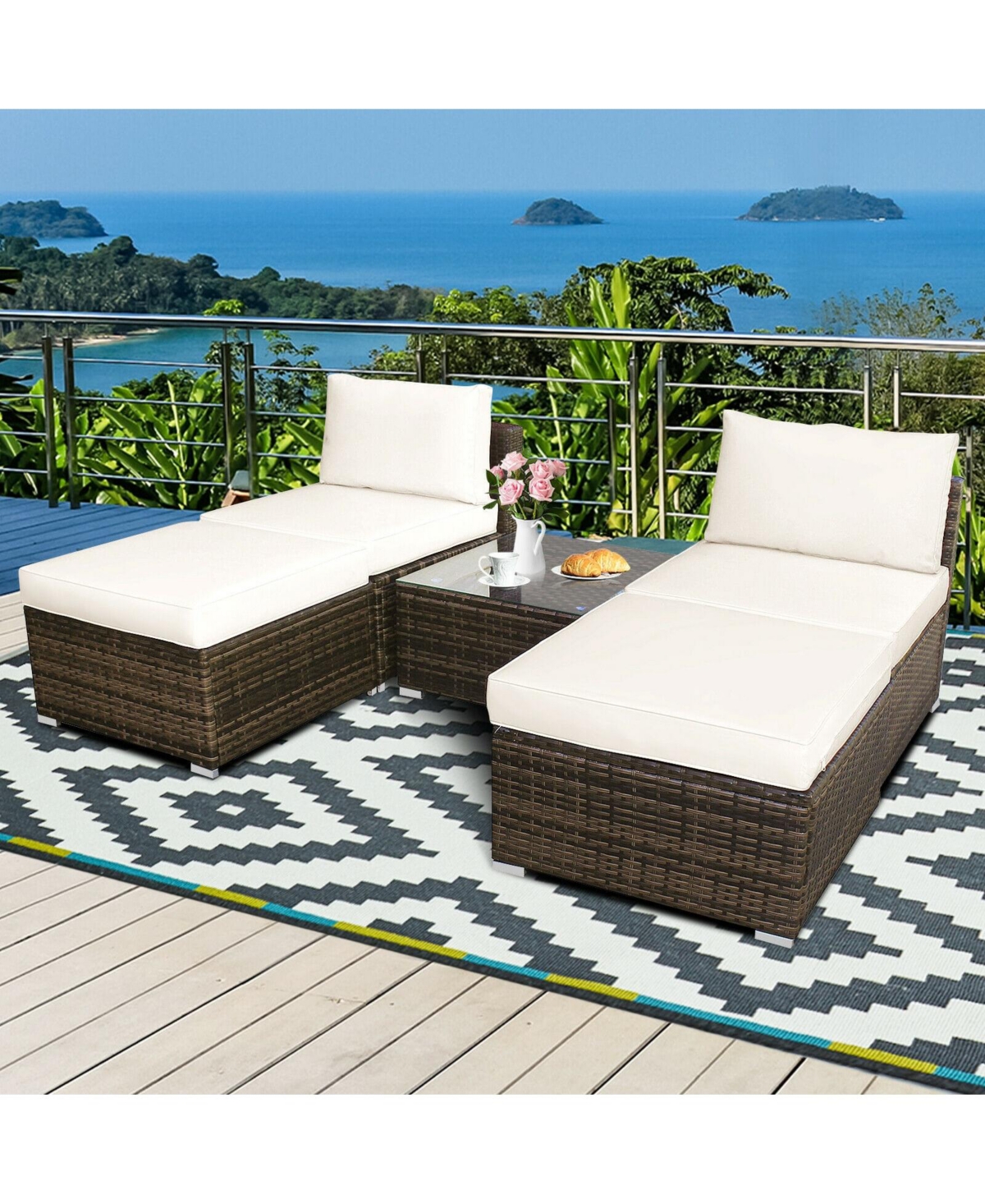 Gouun 5 Pieces Patio Rattan Furniture Set with Cushioned Armless Sofa