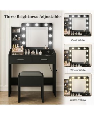 Vanity Desk with Mirror and Lights, Makeup Vanity with Power Outlet & Cushioned Stool