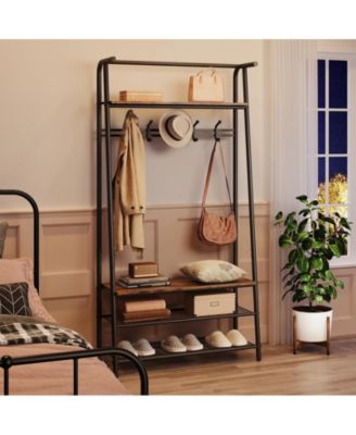 Coat Rack Shoe Bench, 4-in-1 Hall Trees Entryway Bench with Coat Rack and Shoe Rack, Wood Look Accent Furniture with Steel Frame Storage Shelf and Hanging Bar, Industrial
