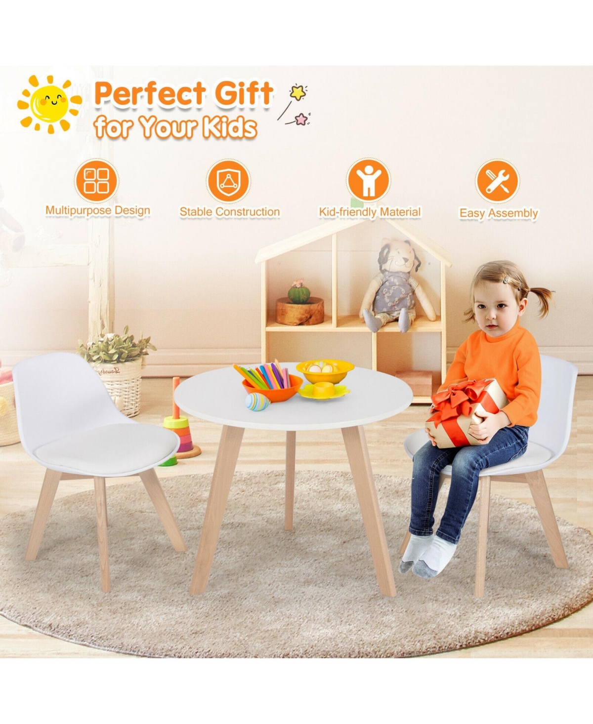 Gouun Modern Kids Activity Play Table and 2 Chairs Set with Beech Leg Cushion