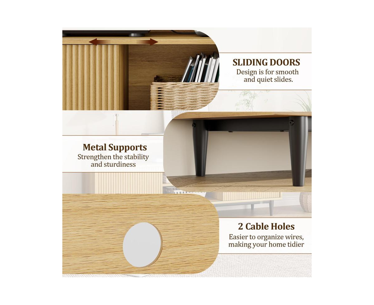 gaomon Fluted Tv Stand for 70 Inch, Boho Entertainment Center with Storage and Sliding Doors, Wooden Tv Cabinet with Adjustable Shelves, Under Tv Stan