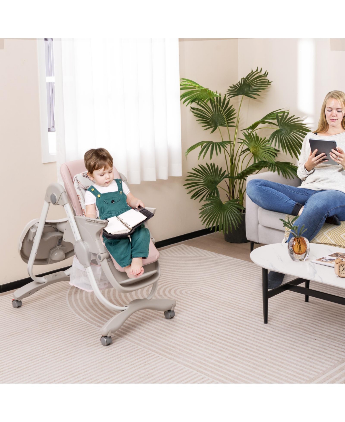 Gouun Kids Multifunctional Folding High Chair with Rolling Wheels and Adjustable Height