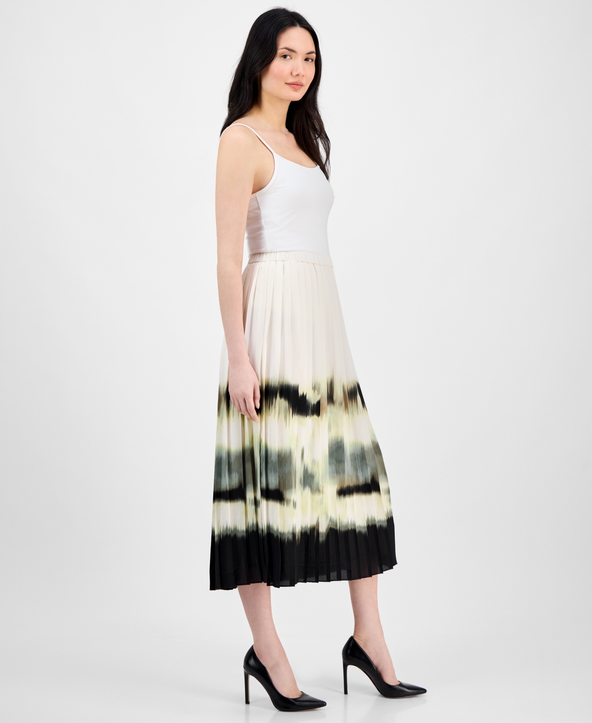Shop Anne Klein Women's Pleated Pull-on Midi Skirt In White Dove Multi