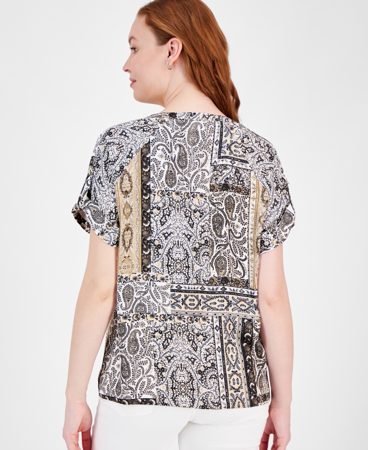 Jm Collection Women's Printed Satin Short-sleeve Top, Exclusively At Macy's In Deep Black