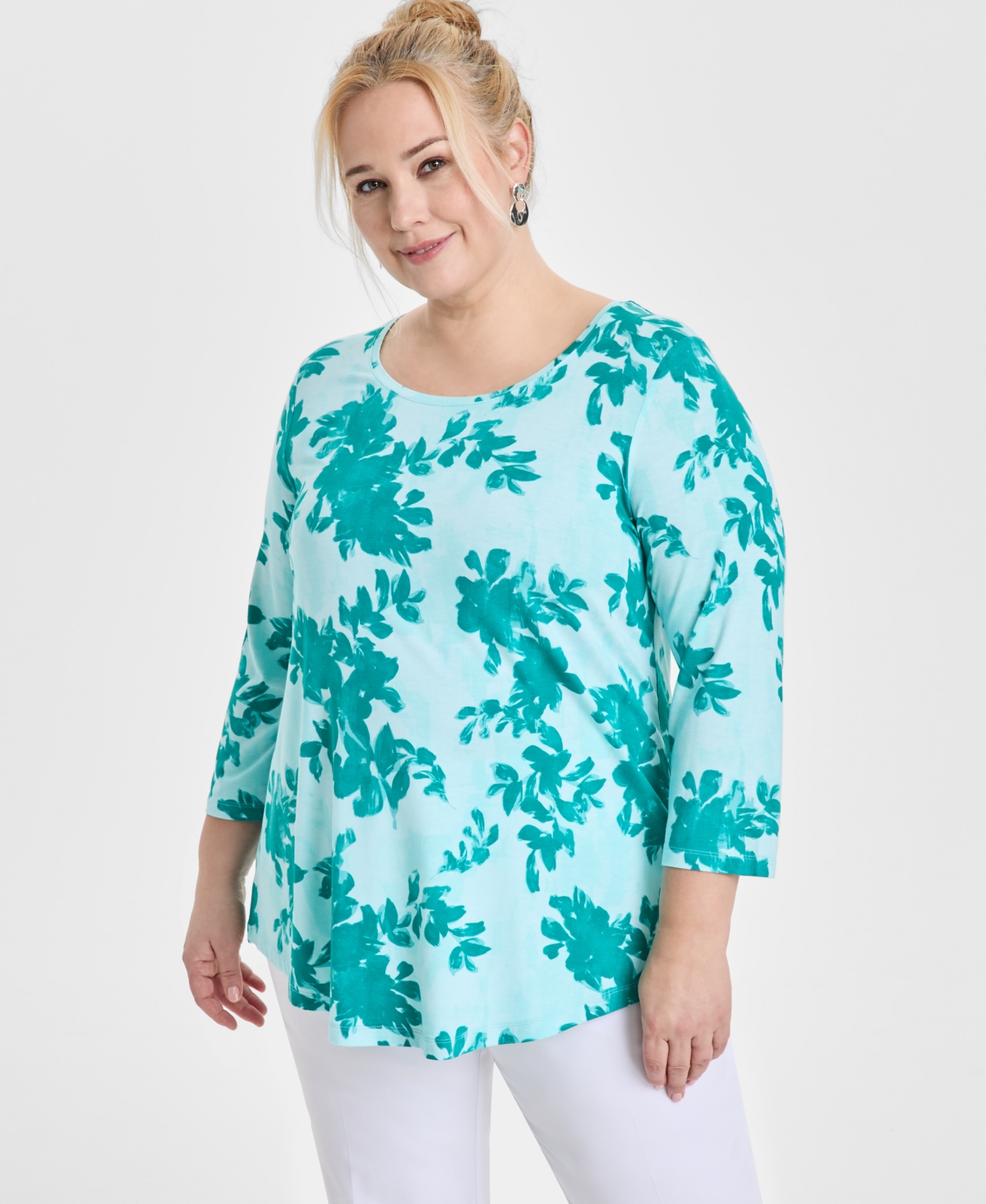 JM COLLECTION PLUS SIZE SCOOP-NECK 3/4-SLEEVE TOP, EXCLUSIVELY AT MACY'S 