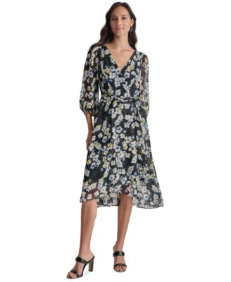 DKNY - Women's Printed Surplice-Neck Chiffon Dress