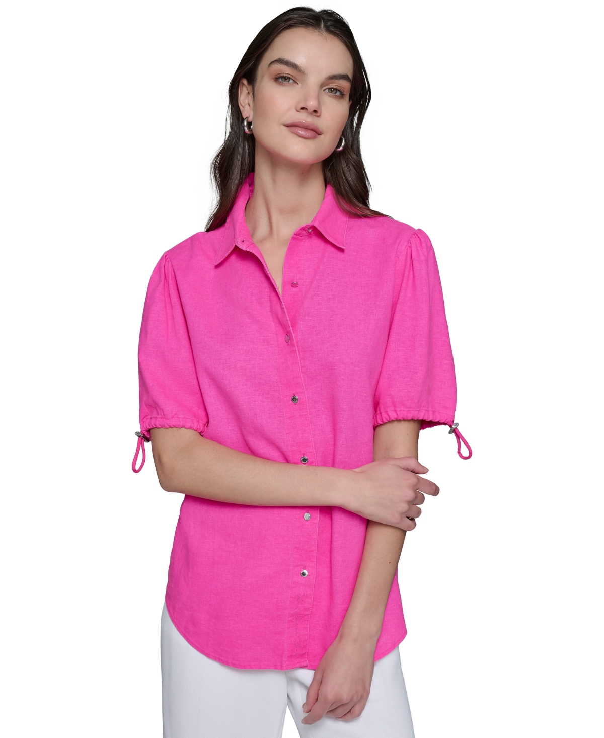 KARL LAGERFELD WOMEN'S LINEN-BLEND BUNGEE-SLEEVE BUTTON-FRONT TOP, REGULAR & PETITE 