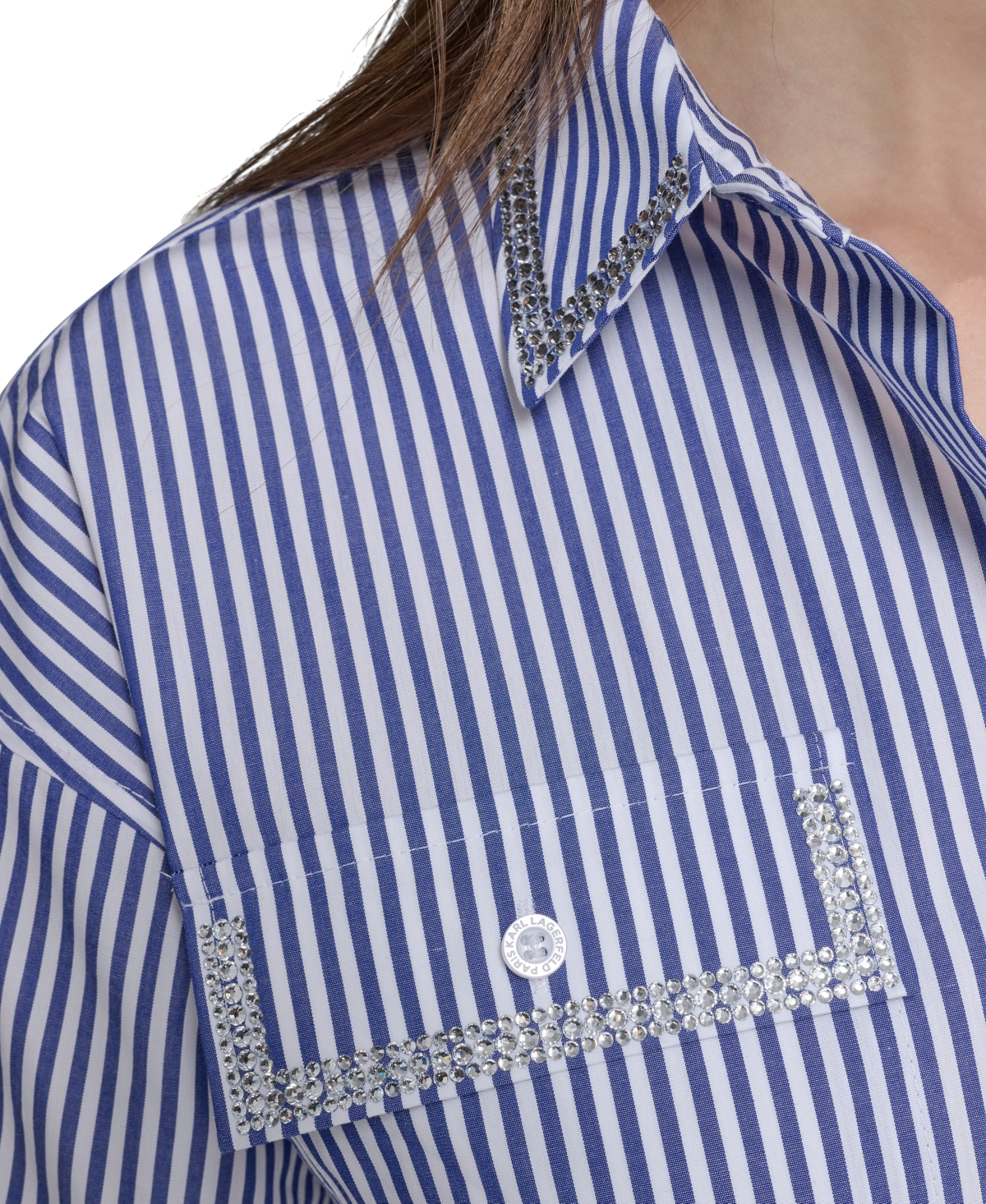 Karl Lagerfeld Paris Women's Embellished Poplin Striped Button-Front Top, Regular & Petite - Blue  White