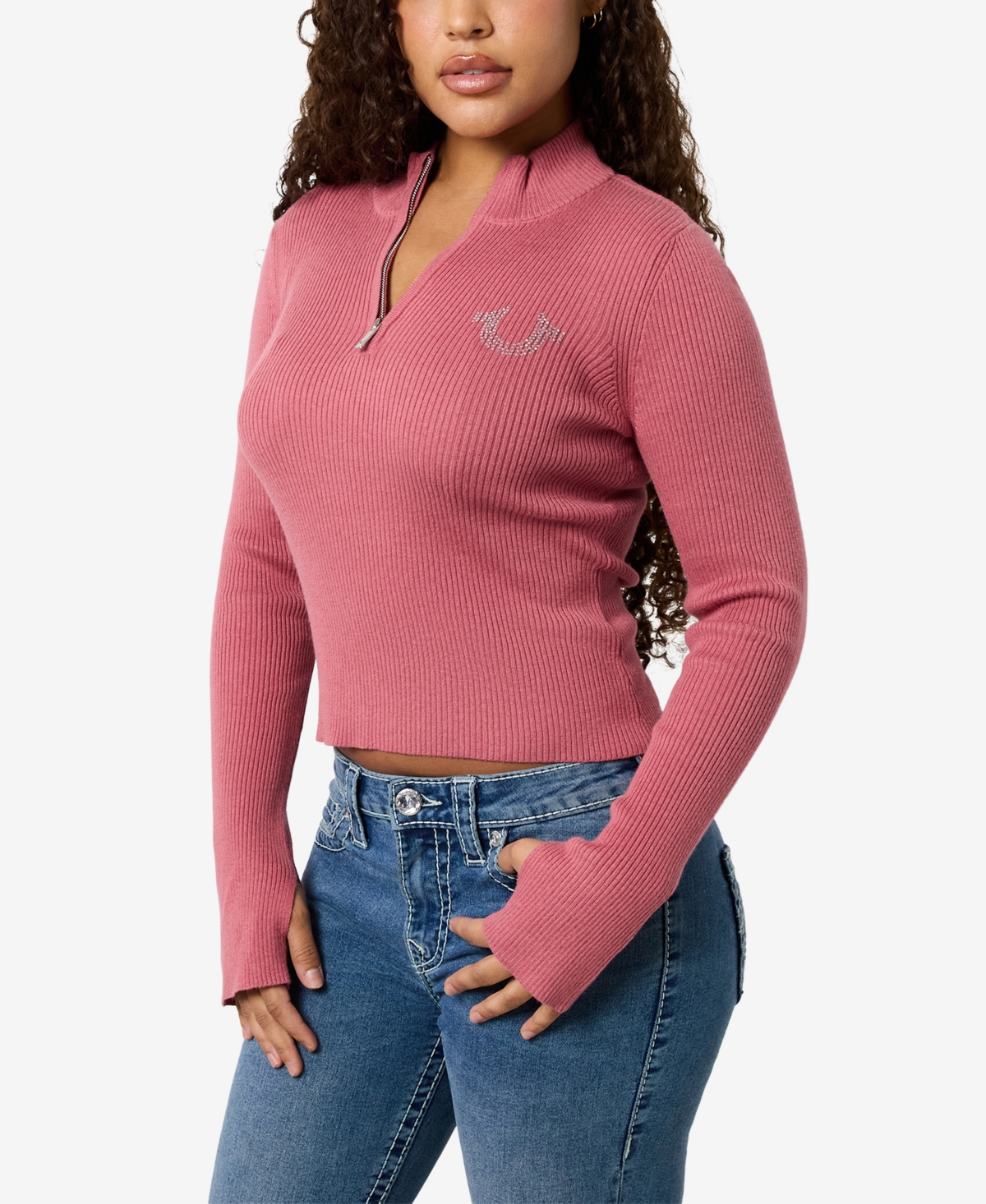 Shop True Religion Women's Crystal Zip Mock Neck Top In Mauvewood