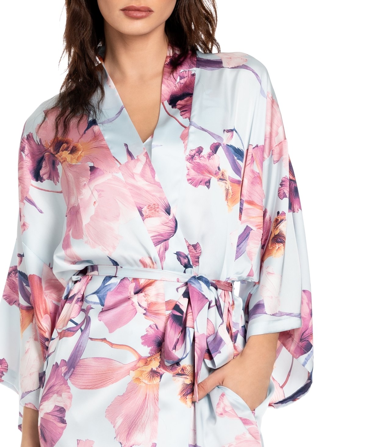Midnight Bakery Haven Print Satin Short Robe In Blue Floral