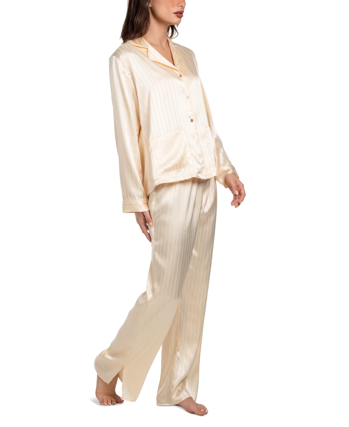 Linea Donatella Women's Satin Jacquard Striped Pajama Set In Soft Yellow