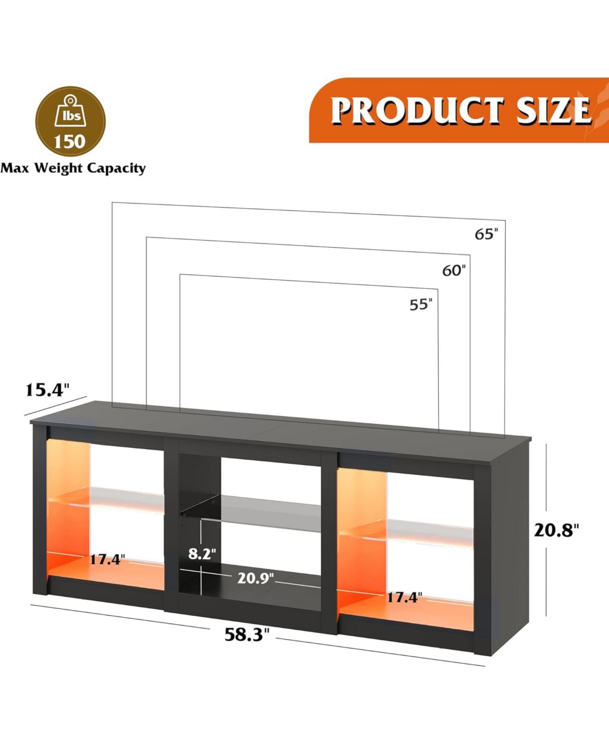 Wlive Tv Stand with Led Lights for Tvs up to inch Entertainment Center with Glass Shelves Modern TV Console for Living Room Media Console with Stor