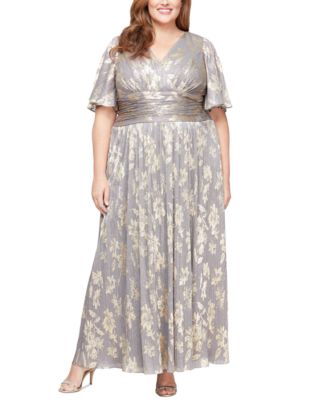 SL Fashions - Plus Size V-Neck Metallic Fit & Flare Gown