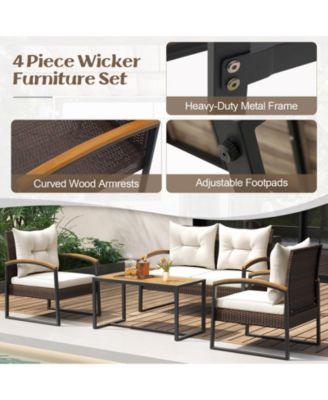 4 Pieces Patio Conversation Set with Acacia Wood Armrests and Tabletop and Cushions