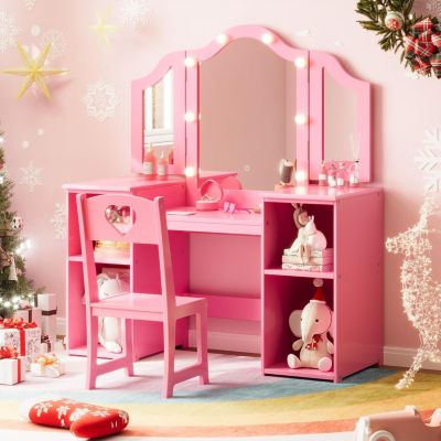 Kids Vanity Set, 2-in-1 Princess Makeup Table with Tri-Folding Mirror, Stool, Toddler Vanity, Pretend Play Vanity Set for Kids