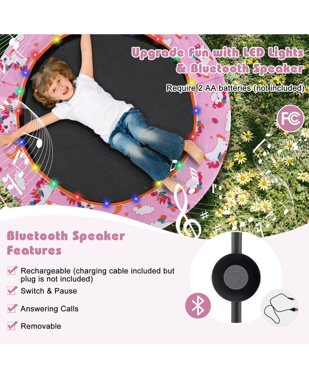 Gouun Mini Trampoline with Colorful Led Lights and Bluetooth Speaker