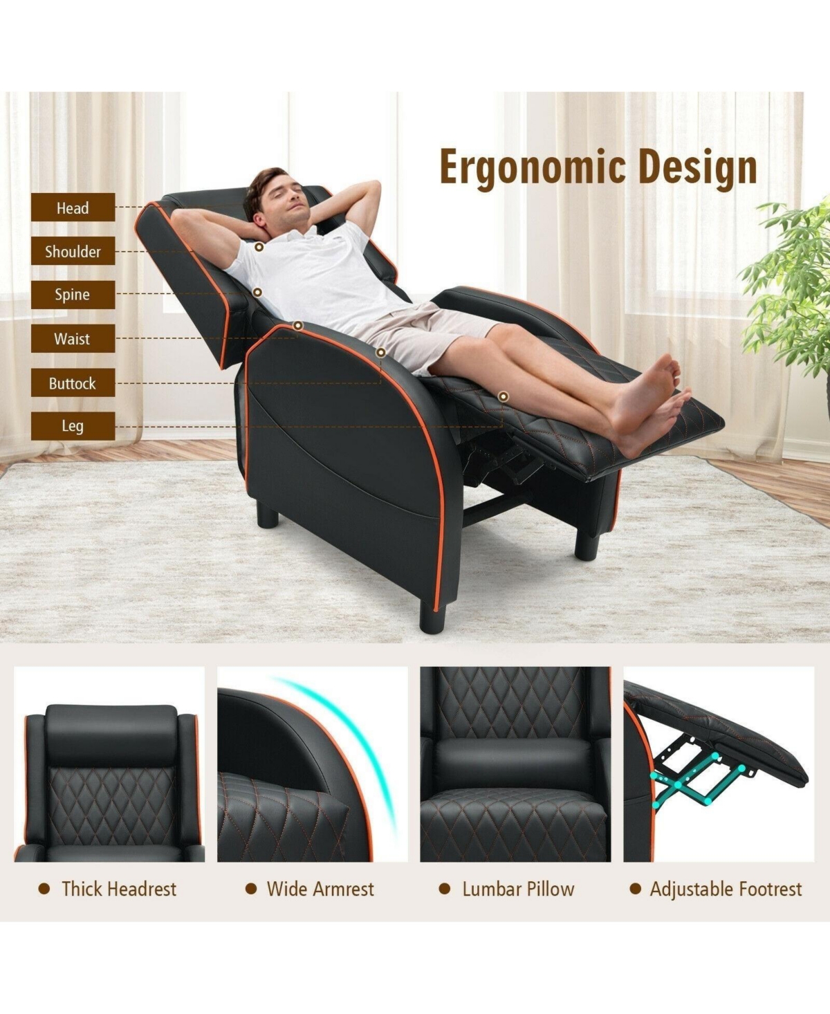 Gouun Massage Gaming Recliner Chair with Headrest and Adjustable Backrest for Home Theater