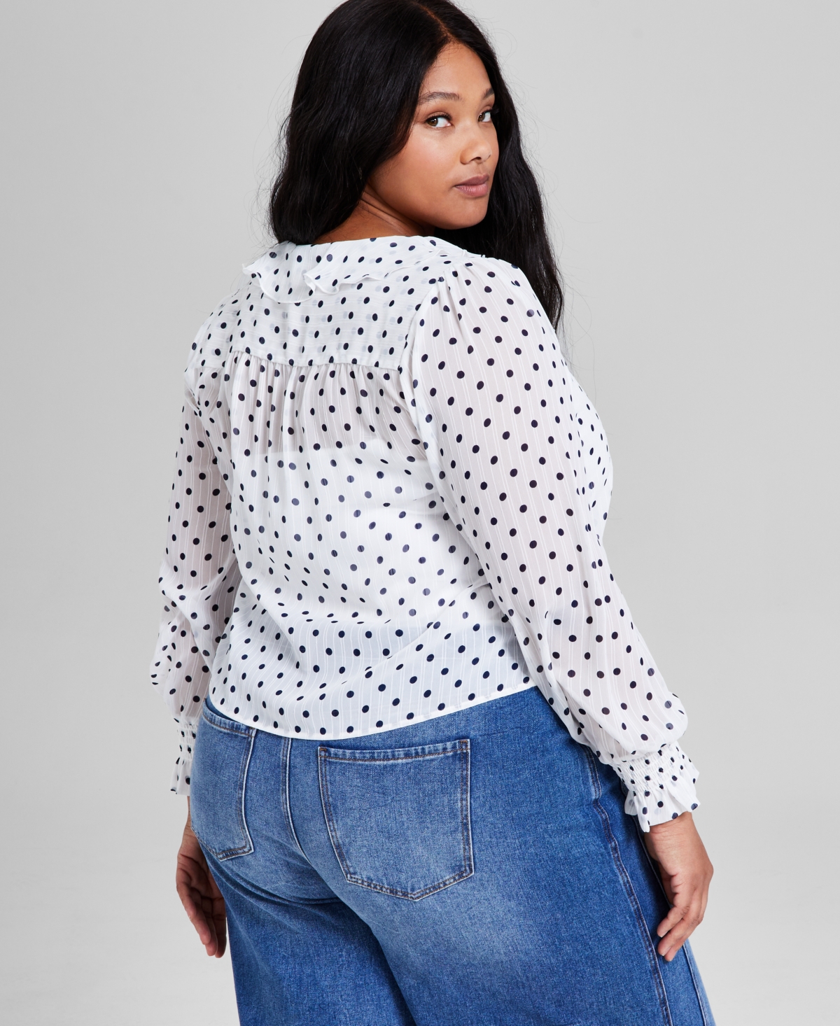 And Now This Plus Size Dot-print Ruffled-front Woven Pintuck Top, Exclusively At Macy's In Bw Polka Dot