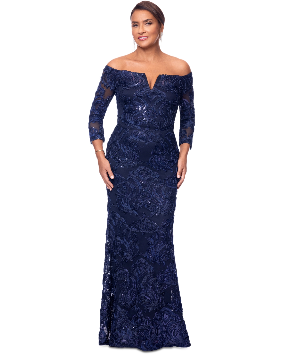 Women's Embellished Off-The-Shoulder 3/4-Sleeve Gown - Navy