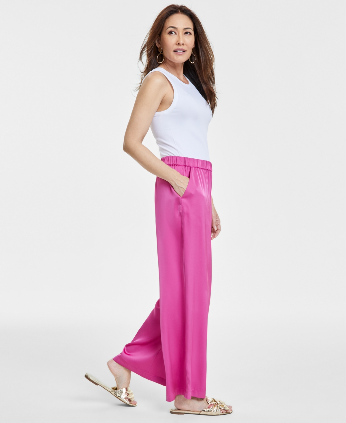 Shop Jm Collection Women's Pull-on Wide-leg Satin Pants, Exclusively At Macy's In Petunia Pink