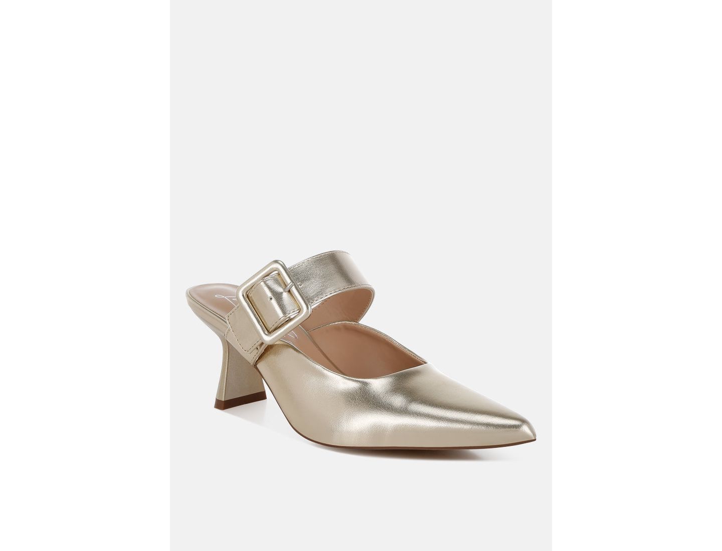 Женские сабо London Rag Bismi Large Buckle Kitten Heel Mules, цвет: Золотая искусственная кожа — фото 1