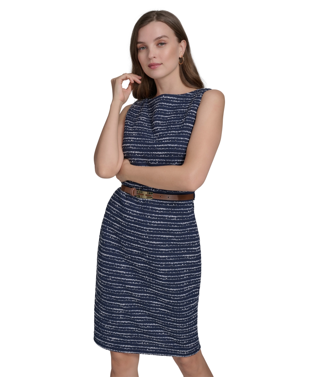 HALSTON WOMEN'S TEXTURED STRIPE KNIT SLEEVELESS DRESS 