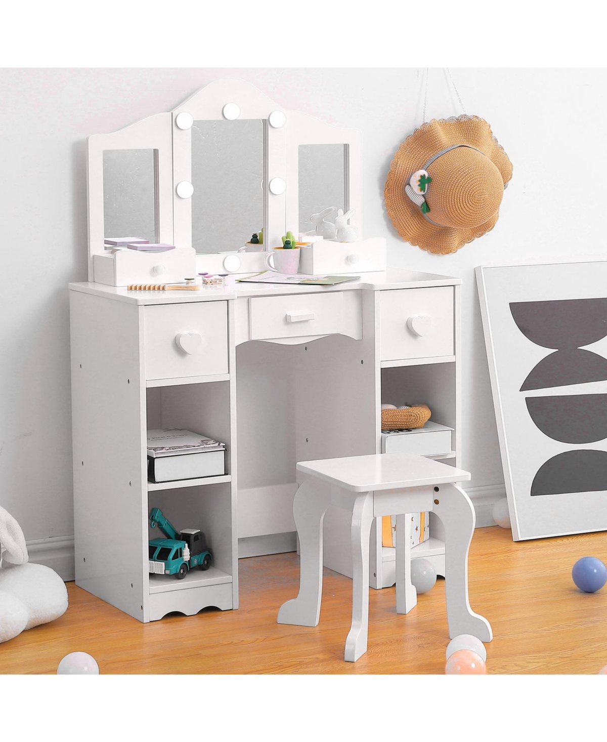 gaomon Kids Vanity Set, 2-in-1 Princess Makeup Table with Tri-Folding Mirror & Drawer, Stool, Toddler Vanity, Pretend Play Vanity Set for Kids, Pink