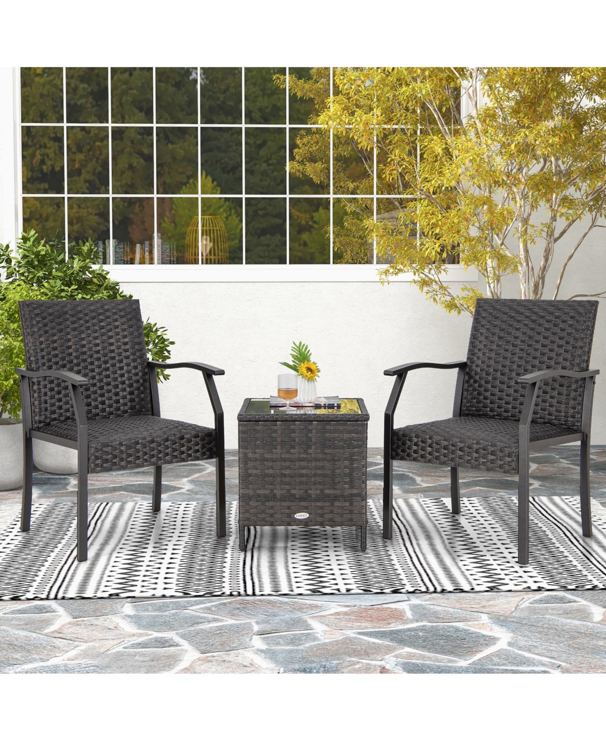 Gouun 3 Piece Patio Wicker Chair Set with Quick Dry Foam Cushions All Weather