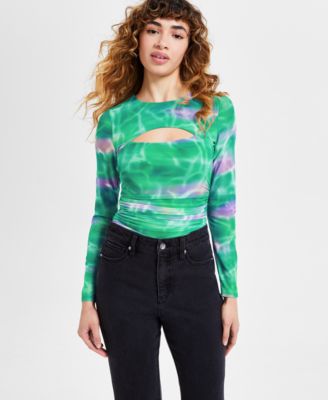 Bar III - Women's Printed Crewneck Long-Sleeve Ruched Bodysuit