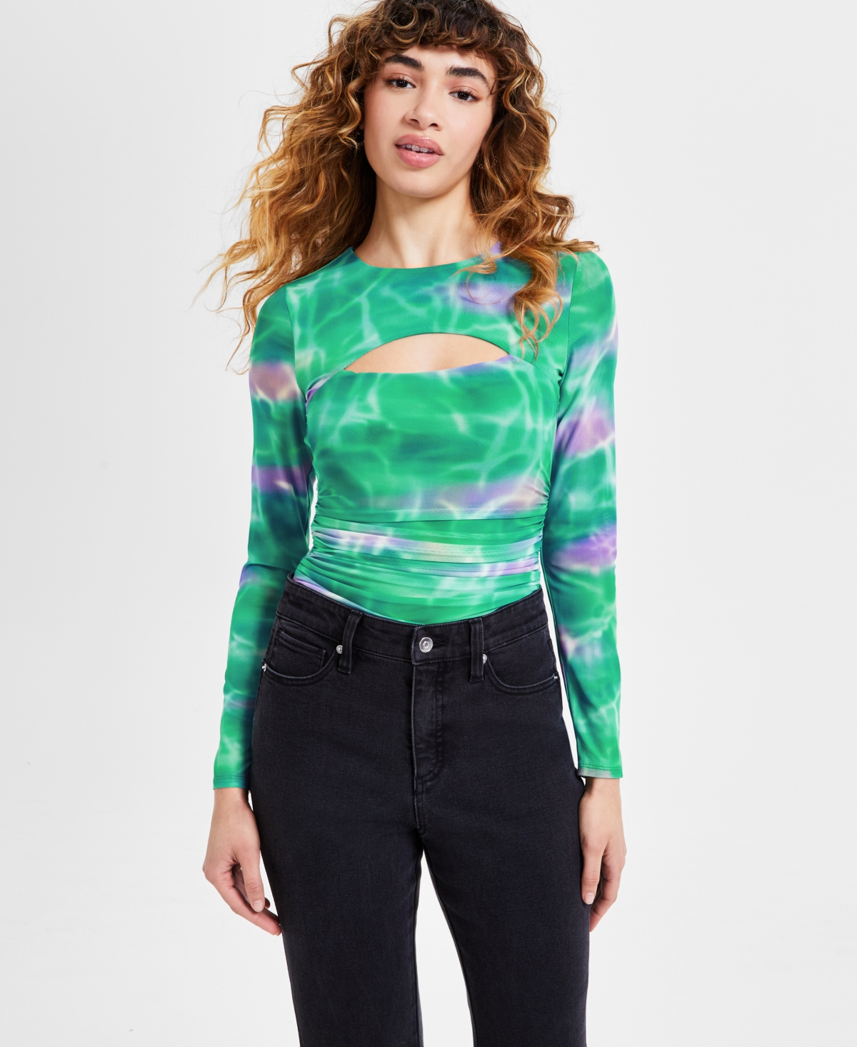 Women's Printed Crewneck Long-Sleeve Ruched Bodysuit, Exclusively at Macy's - Ombre Wave
