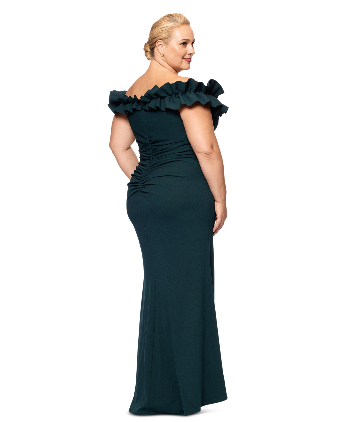 Xscape Plus Size Ruffled Off-the-shoulder Gown In Pine