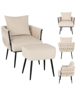 Modern Dutch Velvet Accent Chair and Ottoman Set with Weaved Back and Arms