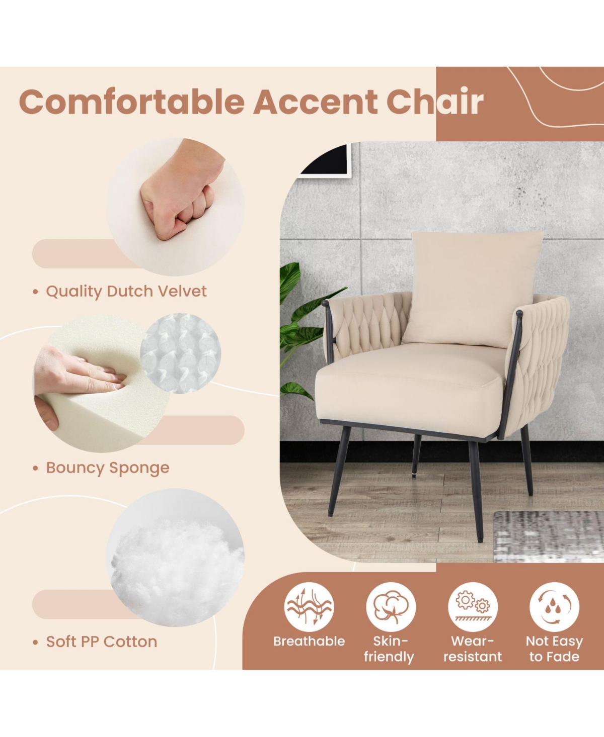 Gouun Modern Dutch Velvet Accent Chair and Ottoman Set with Weaved Back and Arms