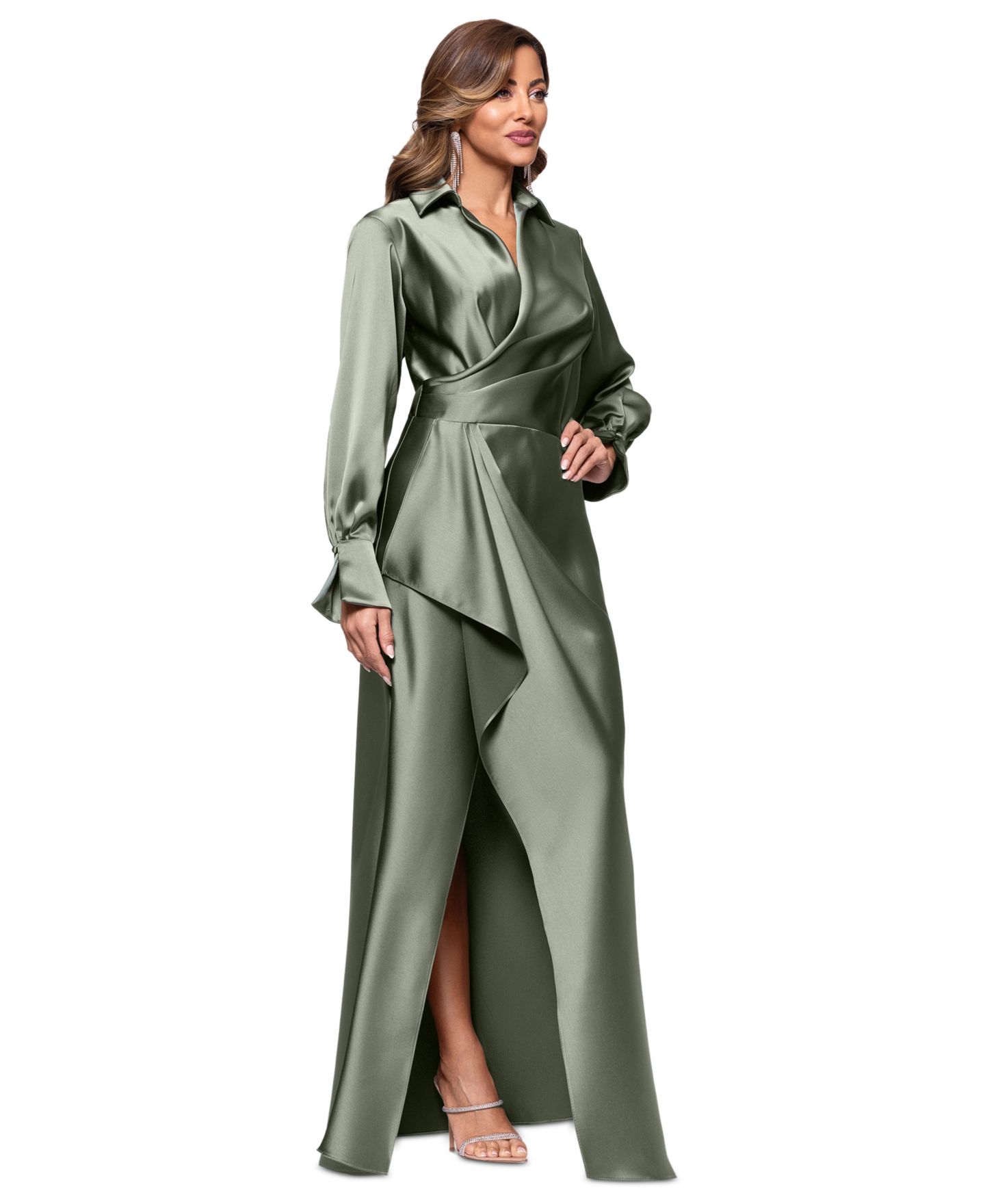 Женское платье XSCAPE Satin Shirtdress Gown, цвет: Оливковый — фото 2