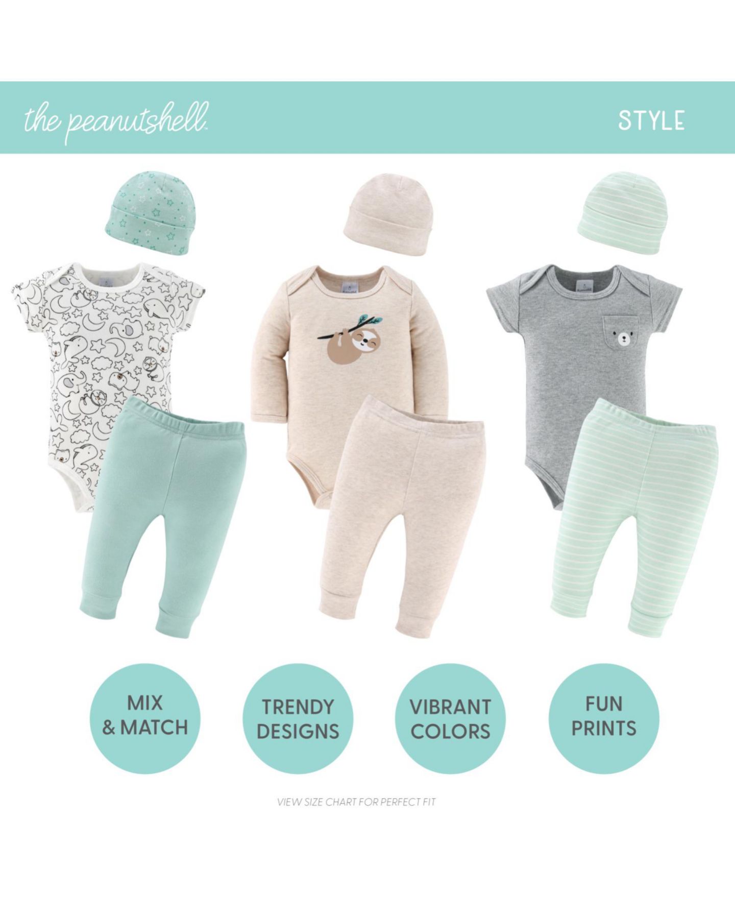 Комплекты The Peanutshell Restful Basics Newborn Layette Set Girls, 30-Pieces, Green/Grey для мальчиков-малышей, цвет: Зелёный / Серый — фото 2
